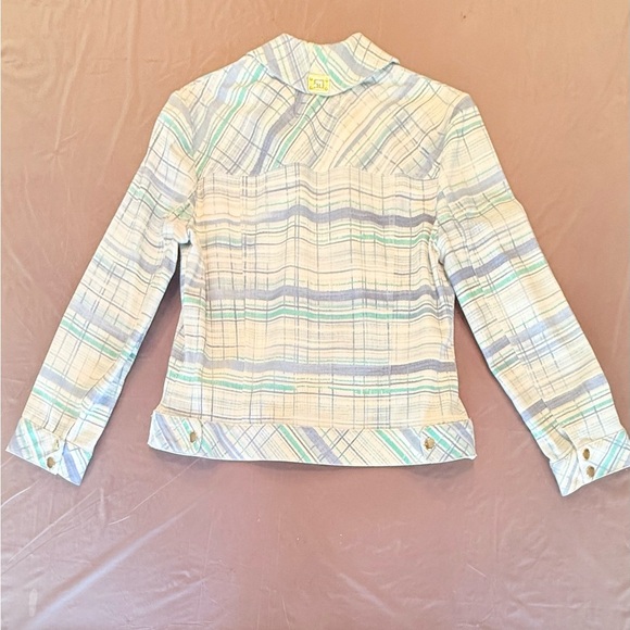 St John Cream/Teal/Blue Watercolor Plaid Gold Zip Jacket Size Large $425 - Picture 2 of 13